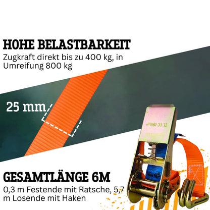 Spanngurt 800 kg 25 mm x 6 m zweiteilig orange